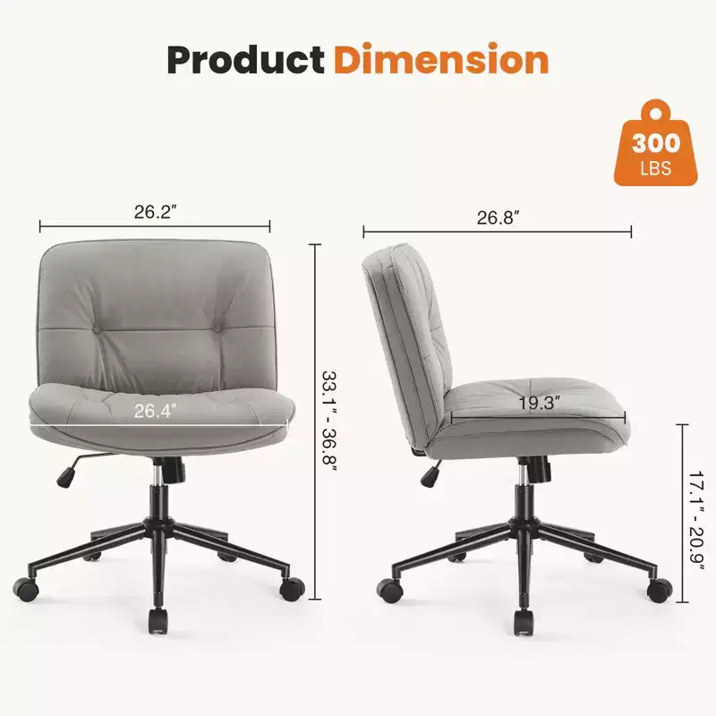 Chair Modern Home Criss Cross Legged Armless Wide Seat with Wheels Swivel Height Adjustable Comfy Computer Task Seating Room