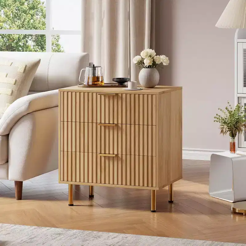 Modern Fluted 3-Drawer Dresser. Features deep drawers & a wide top. Versatile wooden organizer for bedroom, living room, or hallway