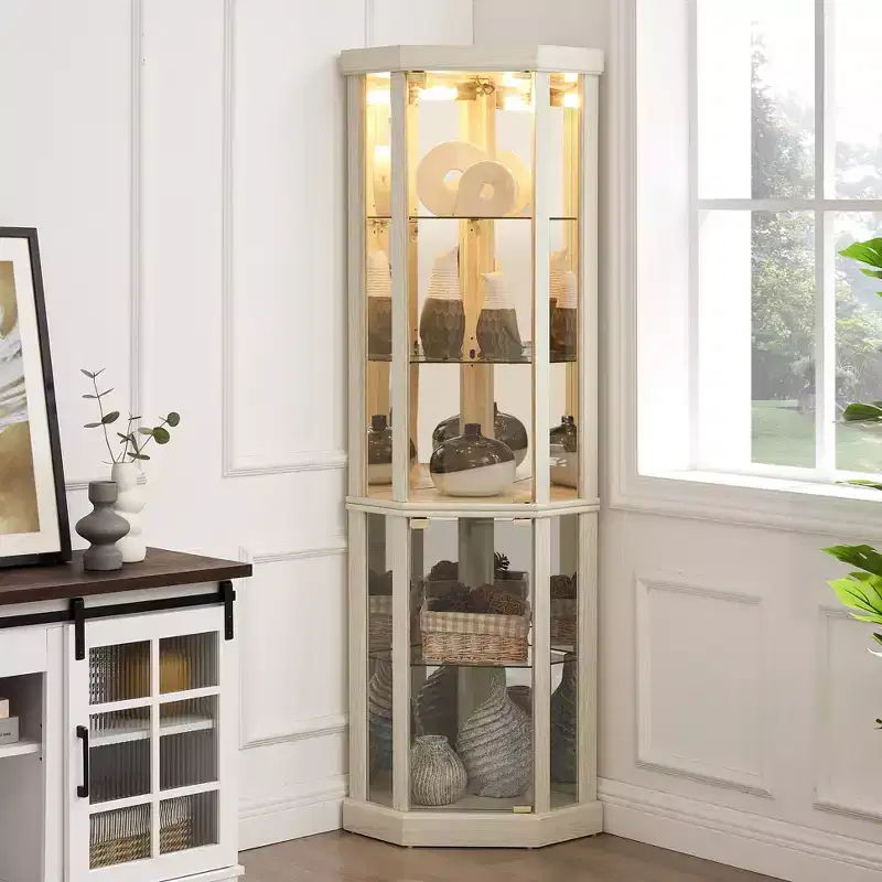 Corner Curio Cabinet with Glass Doors and Shelves, Corner Display Case for Living Room