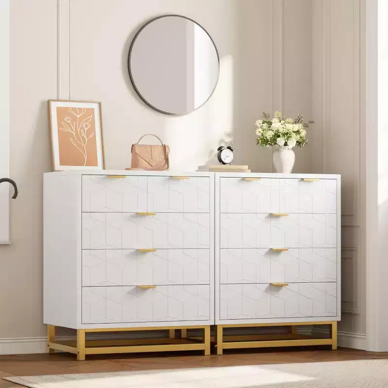 White 5-Drawer Dresser, Modern Style, Gold Legs & Handles
