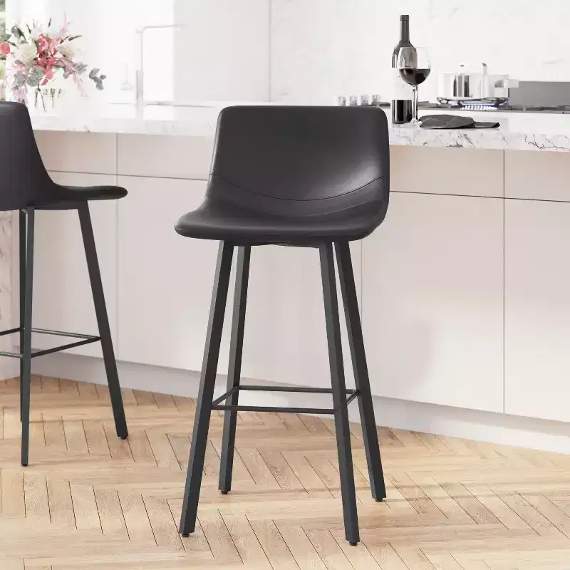 Merrick Lane Set of 2 Modern Upholstered Stools with Contoured, Low Back Bucket Seats and Iron Frames