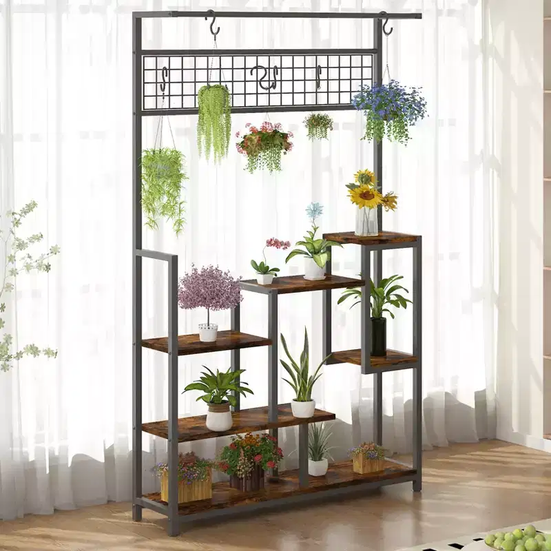 7-Tier Indoor Plant Shelf with Grow Lights & Hanging Hooks, Tall Metal Plant Stand for Bonsai, Flowers, and Decor, Balcony & Living Room Organizer