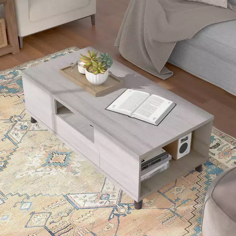 Frelmer 1 Drawer Coffee Table White Oak/Distressed Gray - miBasics: Mid-Century Modern, Flared Legs, Fixed Shelves