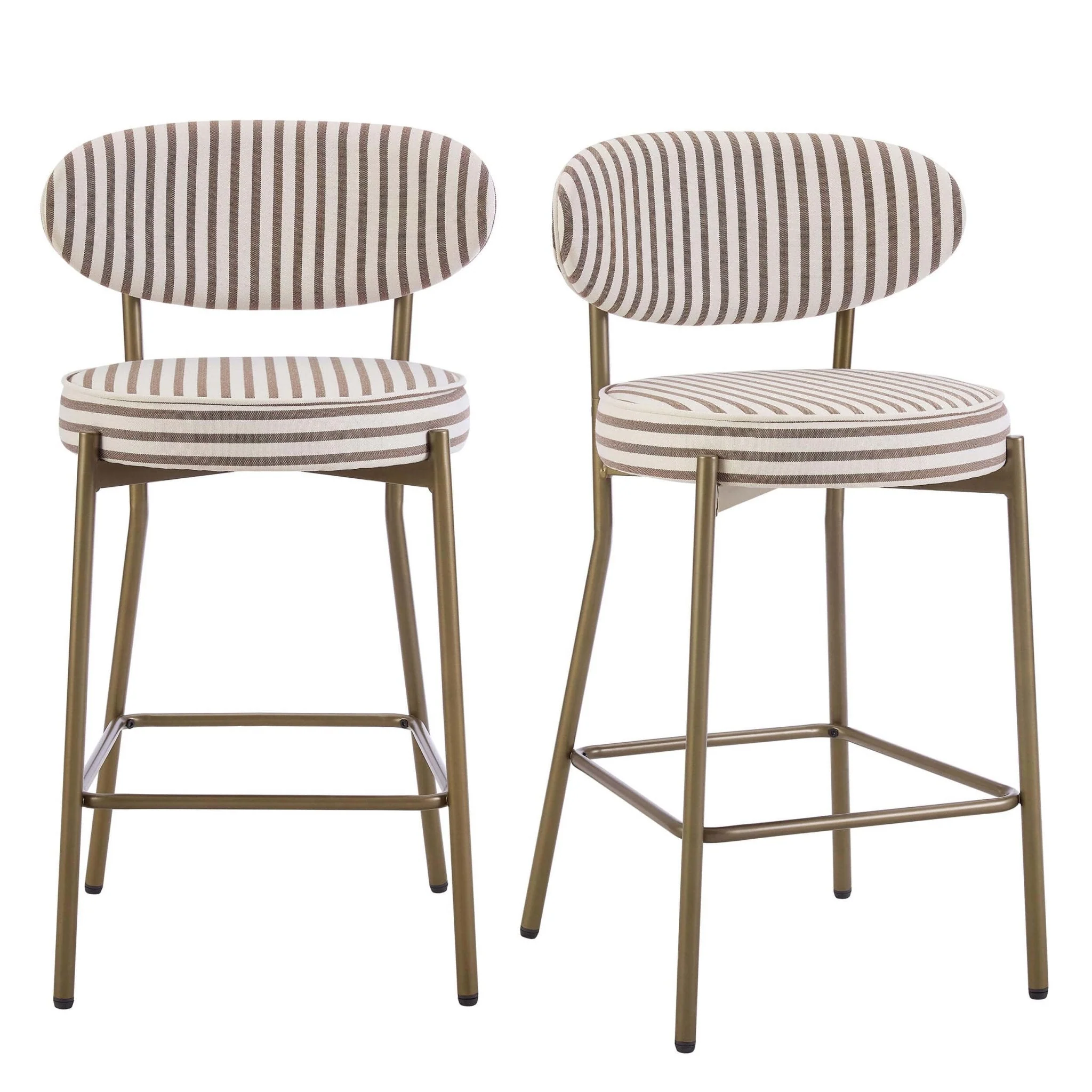 Cottagecore Chocolate Stripe Fabric Barstool with Bronze Frame for Kitchen