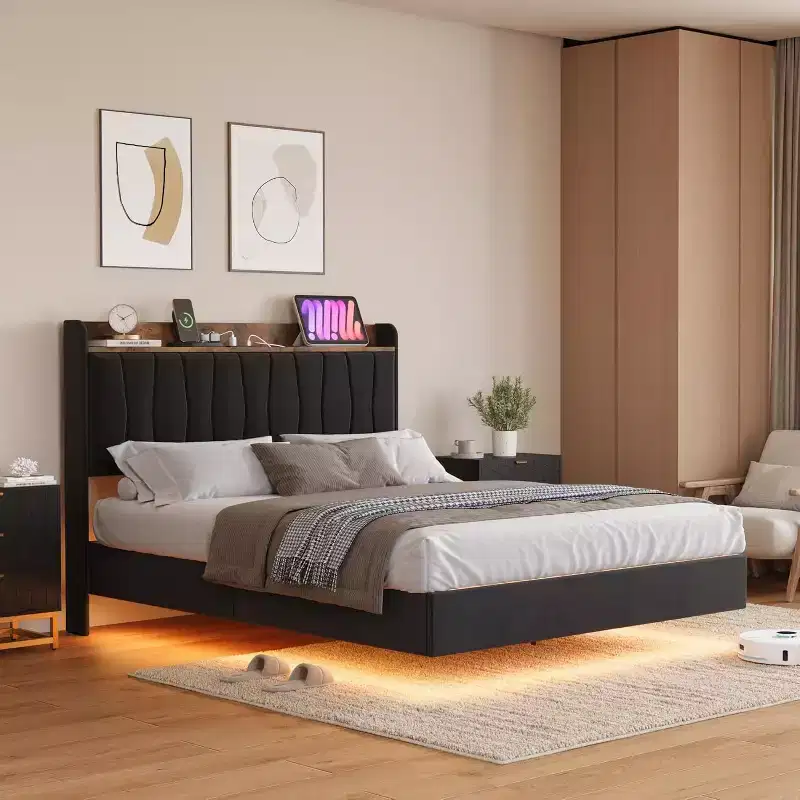 COZONY Safe Floating Bed Frame, LED Lights & Charging Station, Upholstered Headboard, Wood Slats