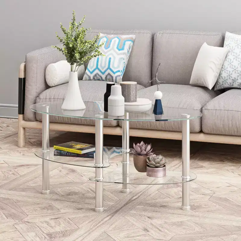 Glass Coffee Table Oval Coffee Table Modern Cocktail Table Center Table Accent Table with Transparent/Black Top-ModernLuxe