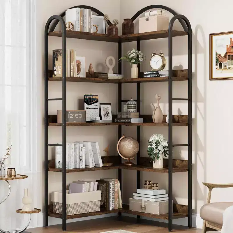 Industrial L-Shaped Corner Bookshelf – 5-Tier Arched Display Shelf with Metal Frame, 68.5