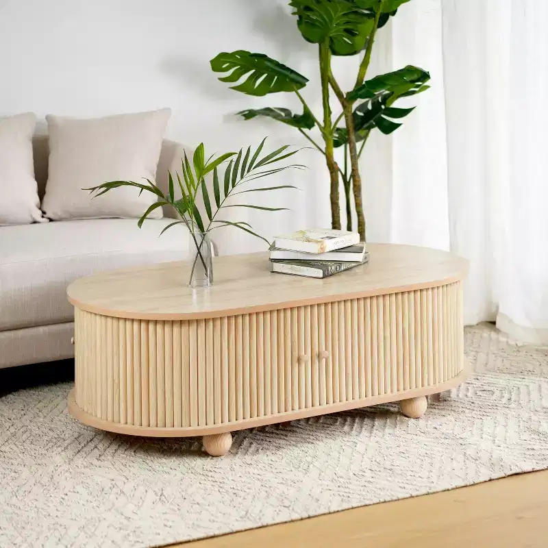 Oval Coffee Table Cocktail Table Storage Center Table Accent Table Sofa Side Table with Accordion Door - ModernLuxe