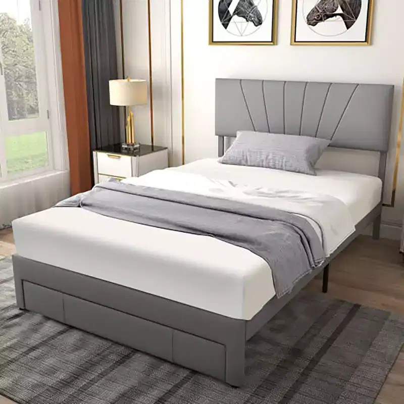 Costway Full/Queen Upholstered Bed Frame Platform Bed with Drawer & Adjustable Headboard Grey