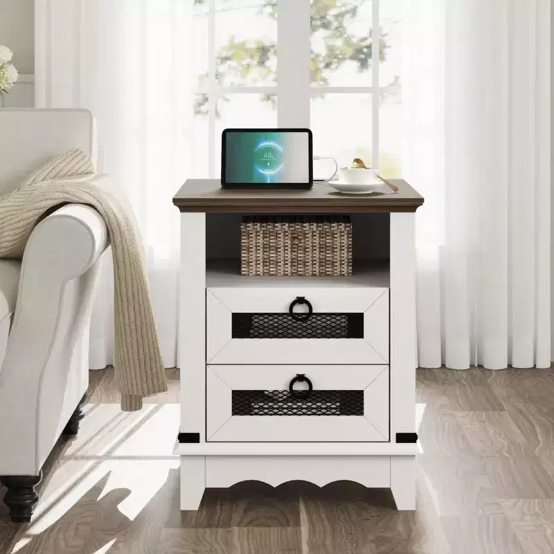 COZONY Farmhouse Nightstand with Charging Station, Drawers, Open Cubby Storage, Bedside Table for Bedroom Living Room