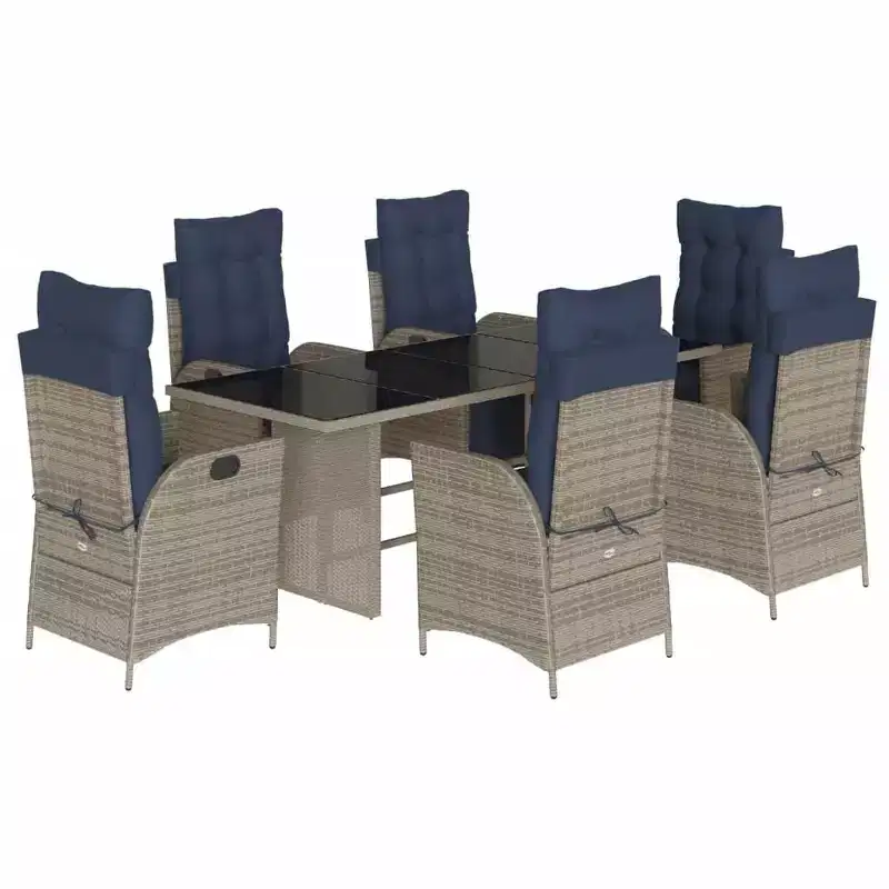 vidaXL 7-Piece Poly Rattan Patio Dining Set - Adjustable Reclining Chairs, Tempered Glass Table, Washable Cushions in Gray and Navy Blue