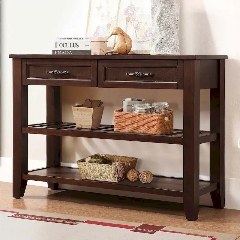 Console Table with 2 Drawers and 2-Tier Open Shelves, Buffet Sideboard for Hallway Living Room Kitchen