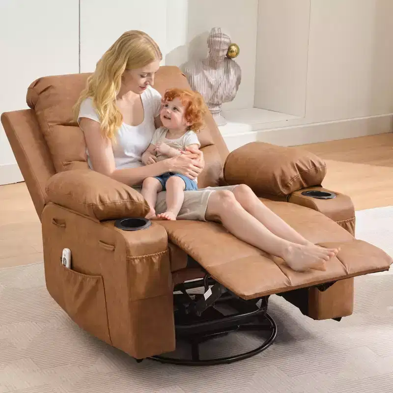 Rocker Recliner Chair with Massage & Heat PU Leather Swivel Sofa with Cup Holder & Pockets for Living Room, Bedroom & Nursery
