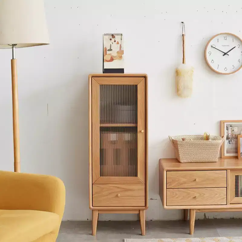 GDFStudio Ren Modern 16 Oak Wood Storage Cabinet with Glass Door and Brass Handle