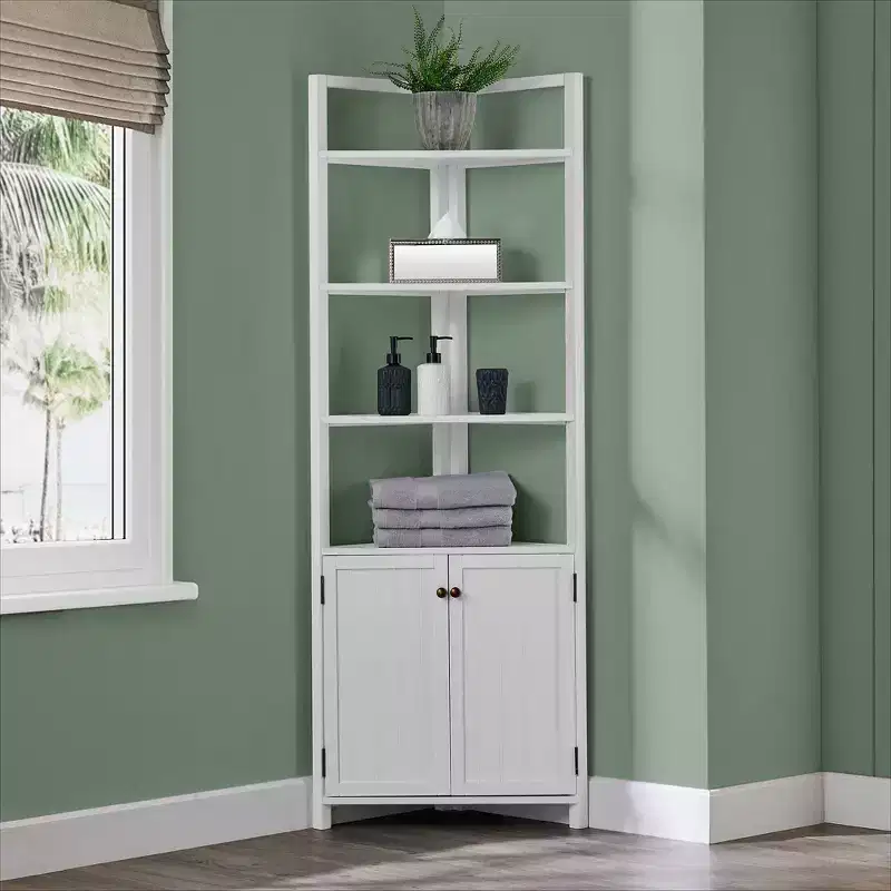 Corner Storage Cabinet with Two Doors and Open Shelving, White, 25
