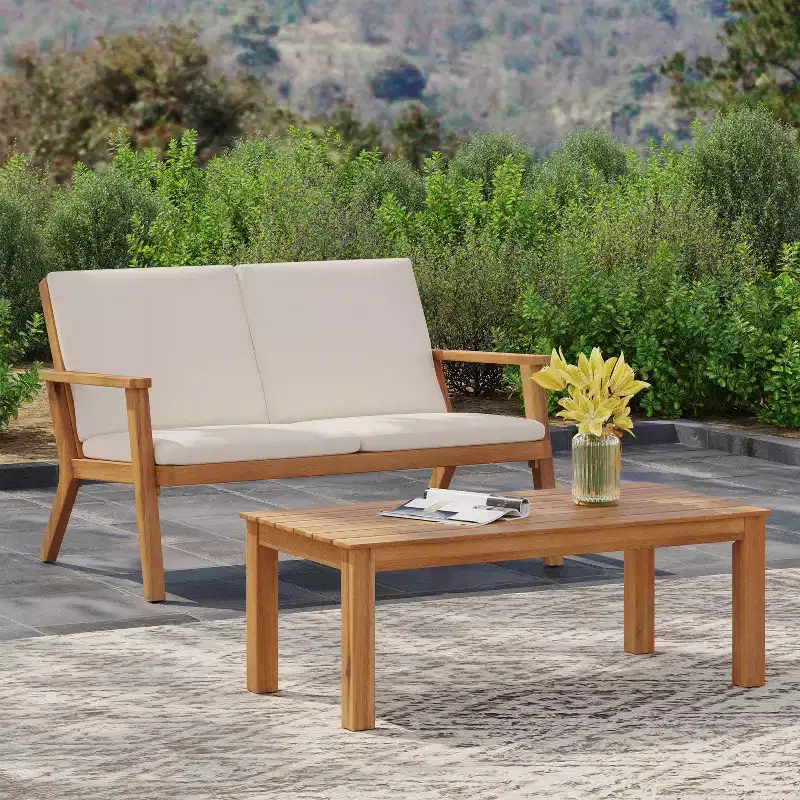 GDFStudio Deborah Outdoor Acacia Wood Loveseat and Coffee Table Set with Cushions