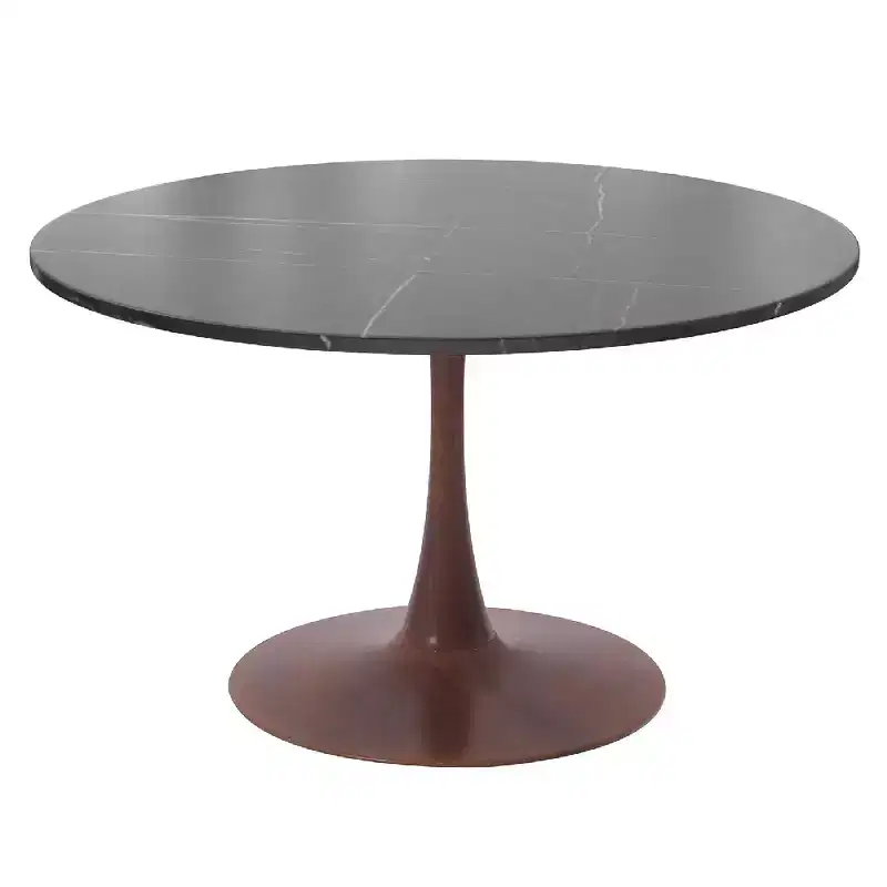 35 Round Dining Table with Sintered Stone Top and Walnut Steel Pedestal Base for Modern Kitchen and Dining Room