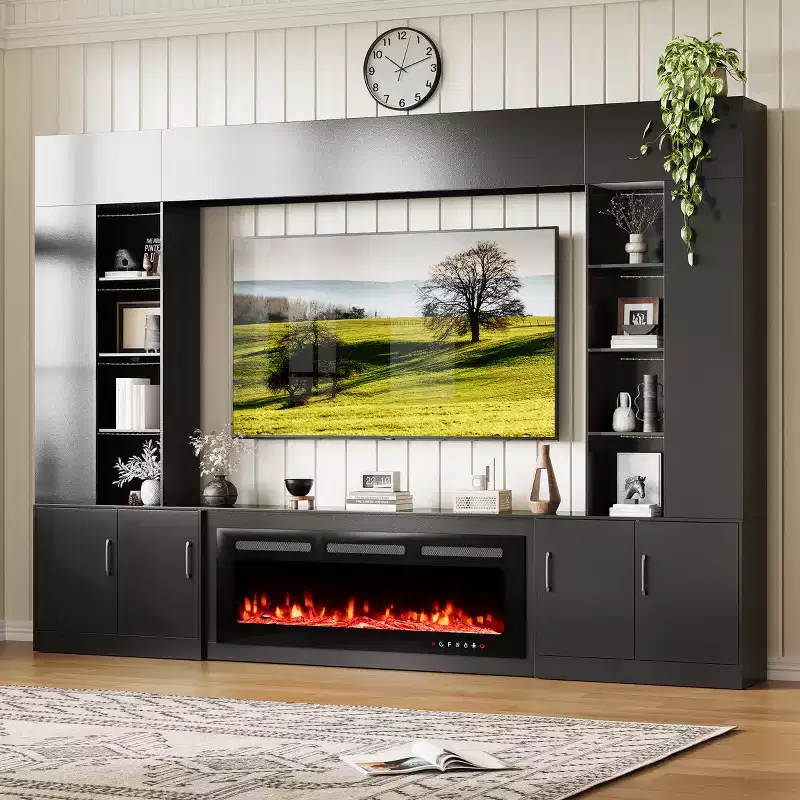 112Large Wall Unit Entertainment Center With Fireplace And LED Lights