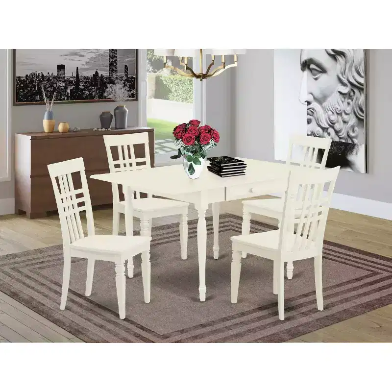 5-Piece Linen White Finish Solid Wood Top - Dining Room - Seats 4