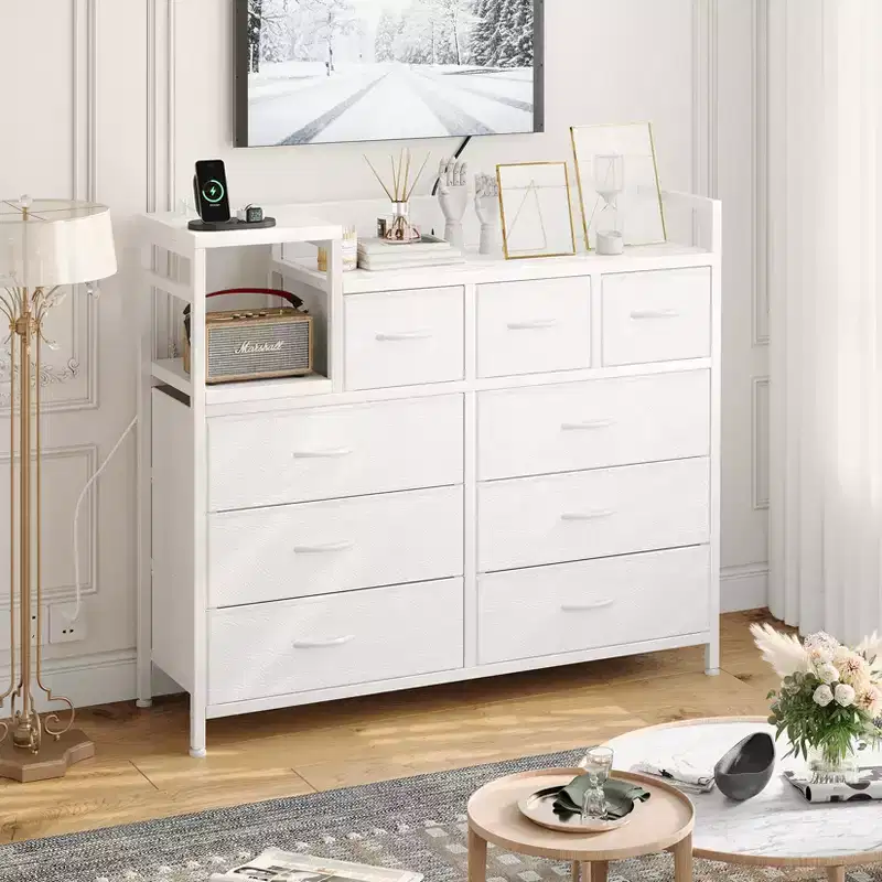 White 39 Fabric Drawer Dresser, Chest of Drawers and Shelf, Modern Dresser with Charging Station, TV Stand Dresser for Bedroom, Living Room