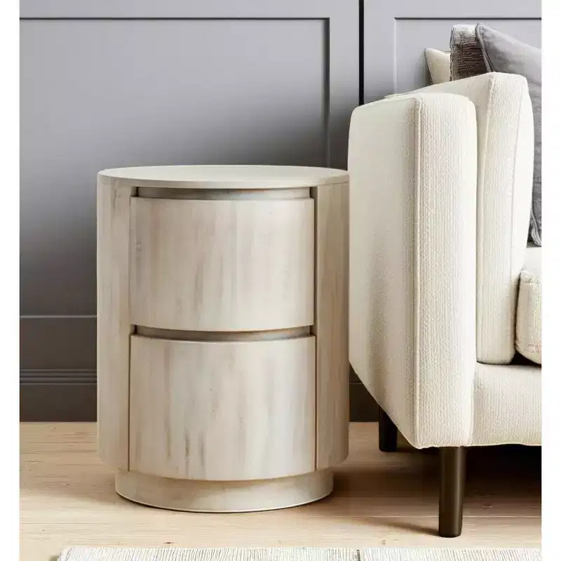 24 White Solid Wood Round Drum End Table With Two Drawers