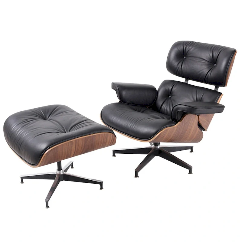 HomeRoots 35 Black Tufted Leather And Brown Swivel Lounge Chair with Ottoman - 34.6