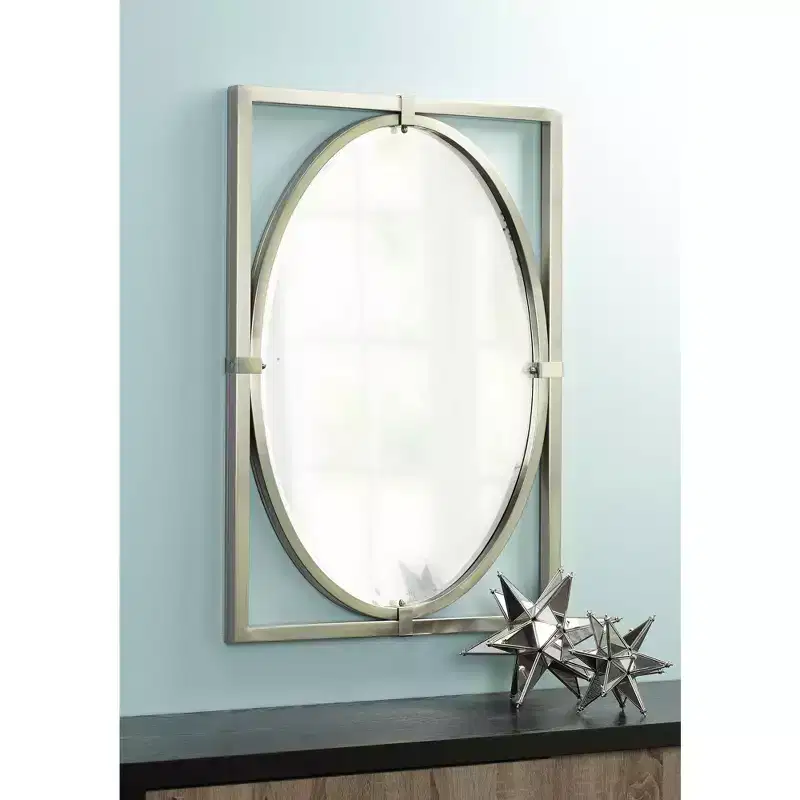Uttermost Akita Rectangular Vanity Wall Mirror Modern Beveled Brushed Nickel Metal Frame 24 Wide for Bathroom Bedroom Living Room Entryway Office