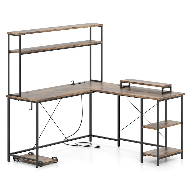 L-Shaped Gaming Desk with LED Strip & Power Outlets