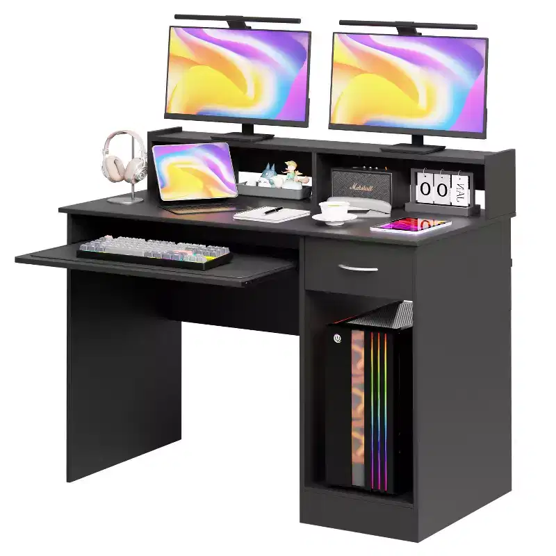 FDW Computer Desk Office Desk Multi-Functional Gaming Desk with Drawers Keyboard Tray, Black