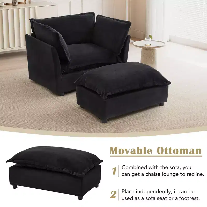 Chenille Armchair with Movable Ottoman, Wide Seat & Curved Armrests