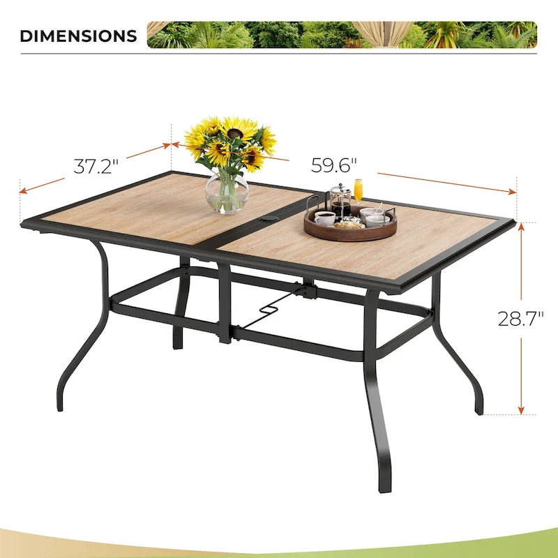 MAISON ARTS 7-piece Patio Dining Set, 1 Rectangle Wood-like Table with Umbrella Hole and 6 Metal Swivel Chairs