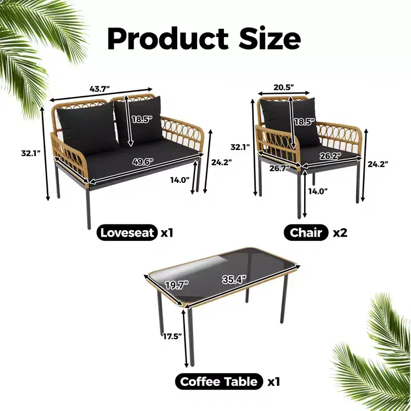 4-Piece Rattan Patio Furniture Set Terrace Hollow Rattan Chair Furniture Set Outdoor Wicker Furnishing with Glass Coffee Table for Patio, Backyard