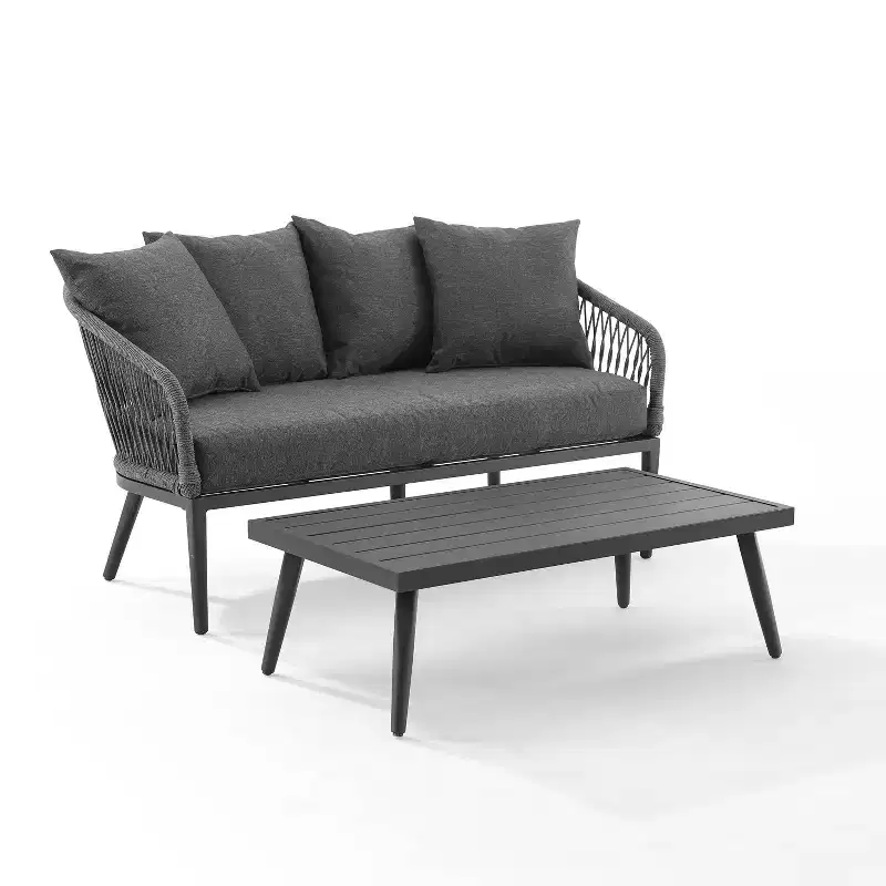 Dover 2pc Outdoor Rope Conversation Set with Loveseat & Coffee Table - Charcoal/Matte Black - Crosley: Steel Frame, UV-Resistant