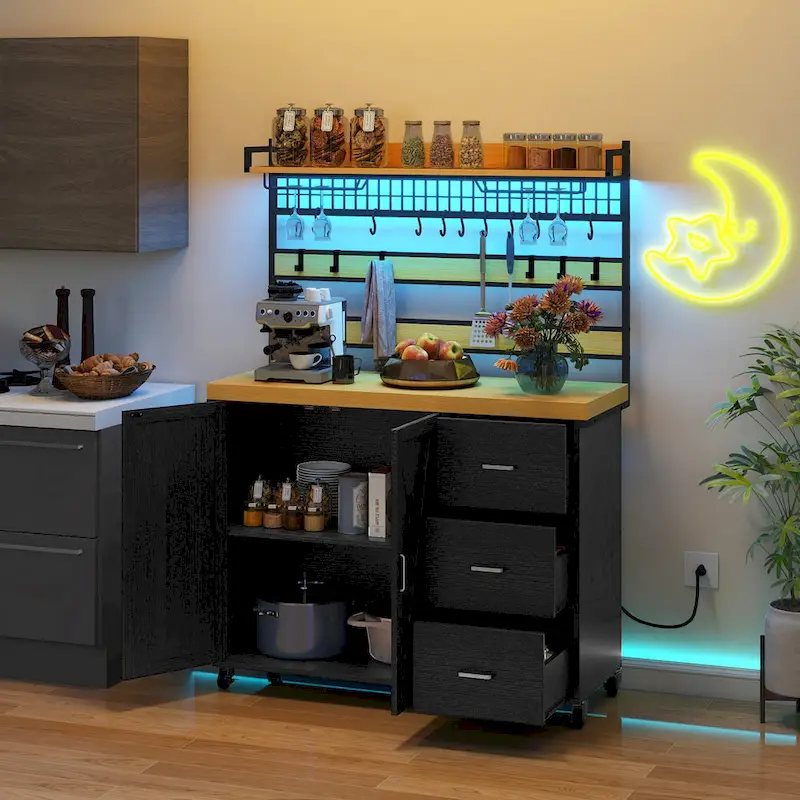Moasis Large Rolling Kitchen Island Bakers Rack with Power Outlet, LED Light & Tall Shelf