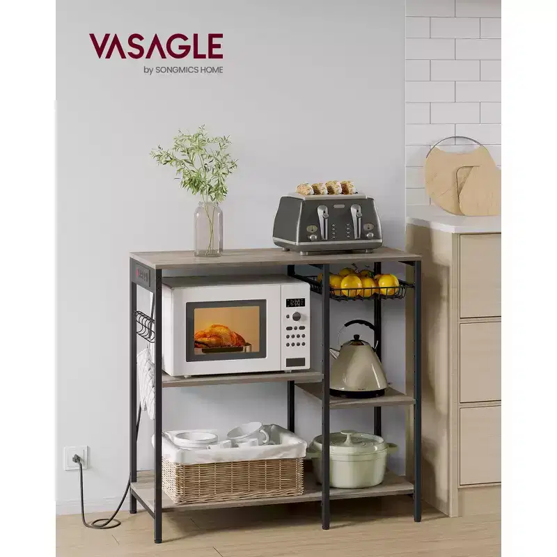 Baker's Rack Coffee Bar Stand with Charging Station, Pull-Out Wire Basket & Adjustable Shelves, 400 lbs