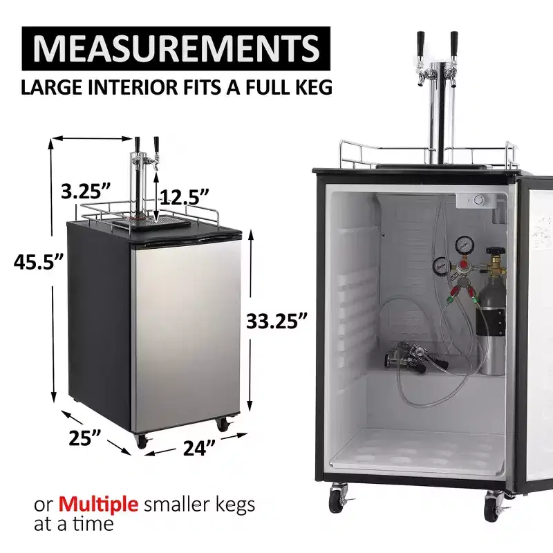 Beer Kegerator, Dual Tap Draft Beer Dispenser, Full Size Keg Refrigerator With Shelves, Stainless Steel, Drip Tray & Rail,silver