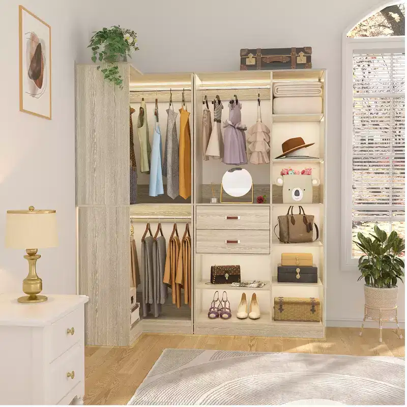 Besiost 71-In W Corner Closet System Set with Wood Drawers, Freestanding Closet Organizer with