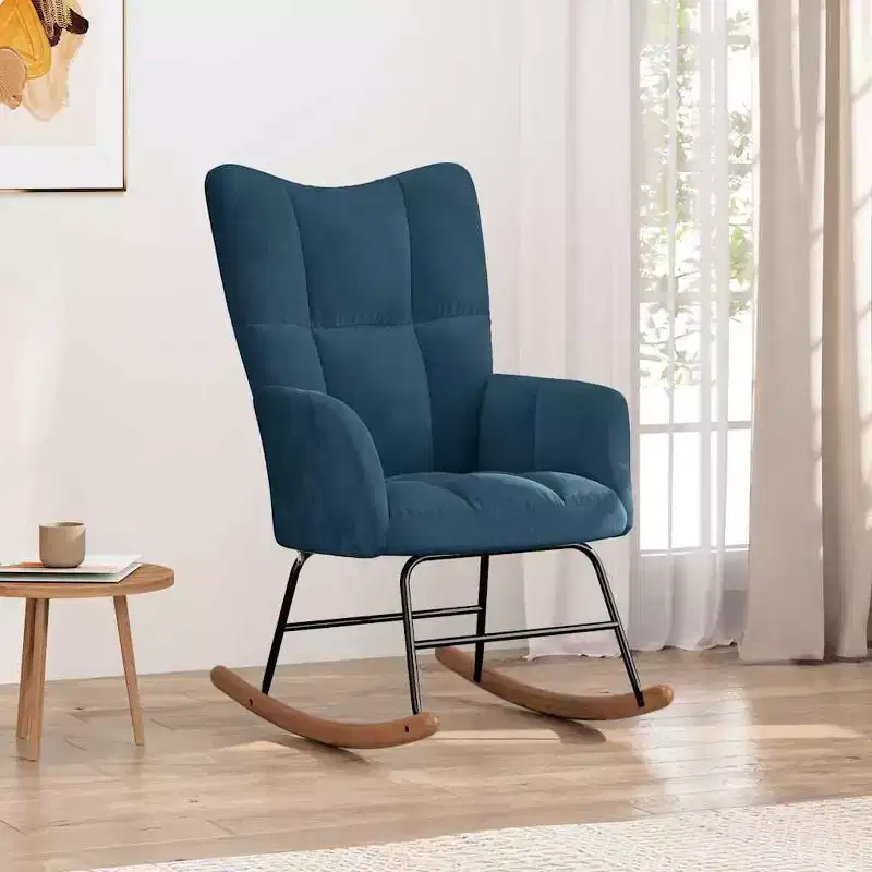 Rocking Chair Accent Side Chair Padded Seat for Living Room Velvet Blue Without footrest