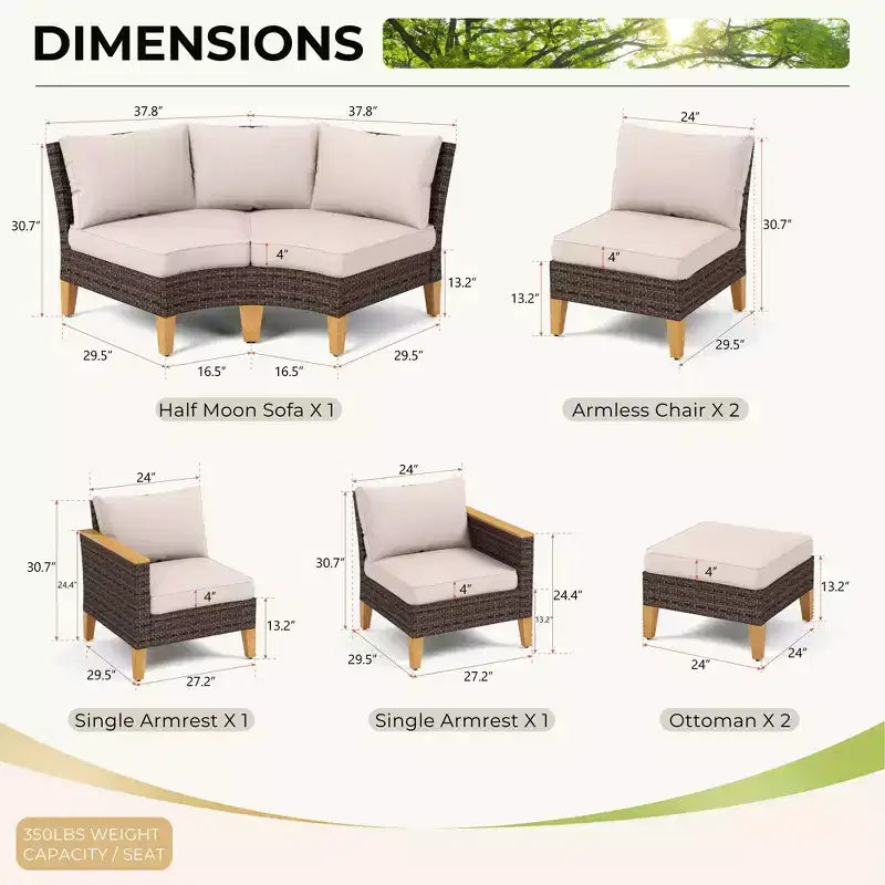 Captiva Designs 8pc Outdoor Wicker Rattan Patio Half-Moon Curved Sectional Sofa Set with Cushioned Ottoman
