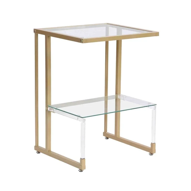 2-Tier End Table with Tempered Glass Shelves & Geometric Metal Frame