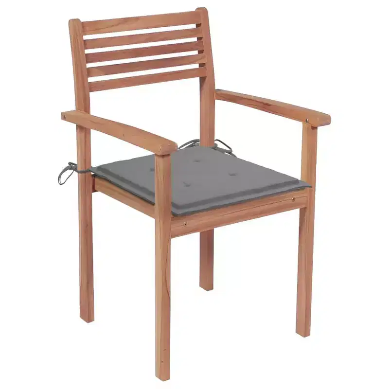 vidaXL Outdoor Patio Chairs, Set of 4, Includes Gray Cushions, Made of Durable Solid Teak Hard Wood, Stackable Design, Versatile for Home or Cafe Use