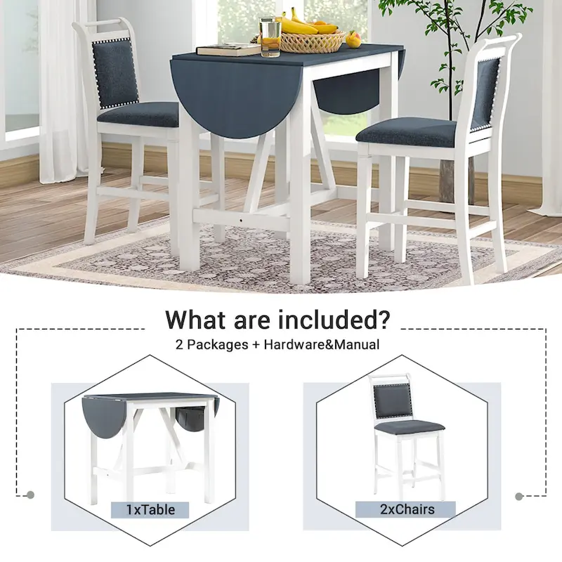White 3-Piece Wooden Counter Height Dining Table Set with Drop Leaf Table & 2 Chairs
