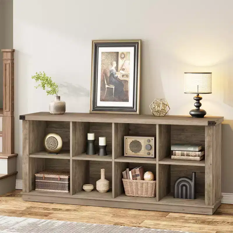 8-shelf bookcase, long horizontal wooden storage rack, suitable for living rooms, entryways, or offices, sturdy and durable.