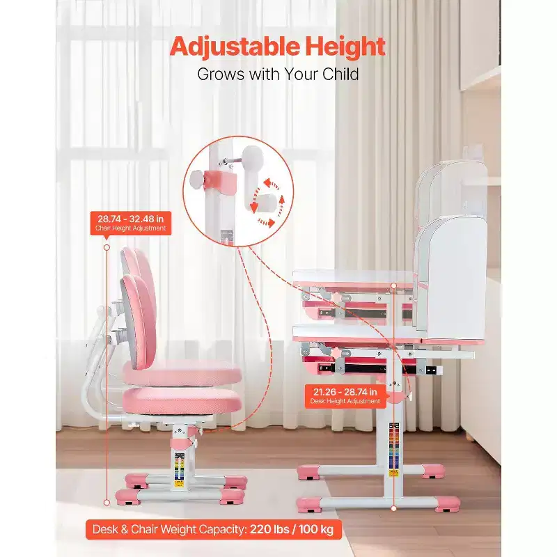 Kids Adjustable Study Desk and Chair Set with Storage Drawer Bookshelf Tilting Desktop