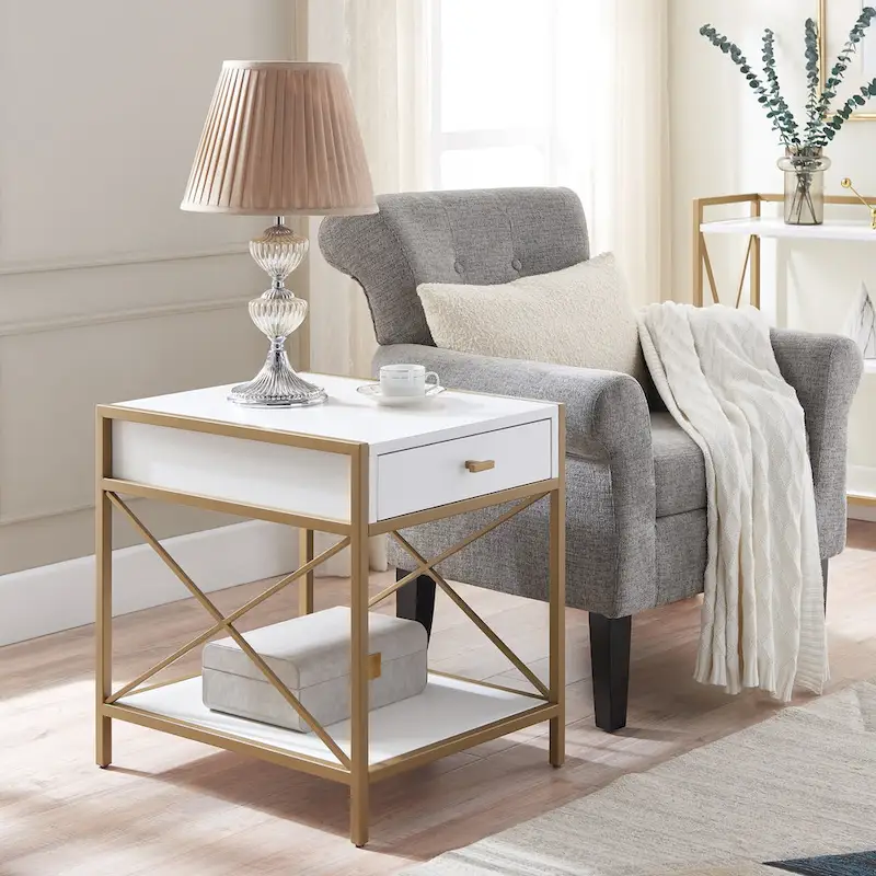 White Wood and Gold Metal X-Frame 1-Drawer End Table with Open Shelf for 1 Person