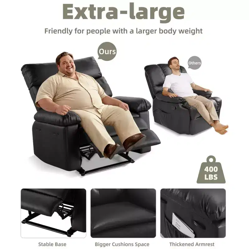 Oversized Rocker Swivel Recliner Chair - PU Leather Extra Wide Manual Recliner for Adults, Large Lazy Chair with Heating and Massage Functions