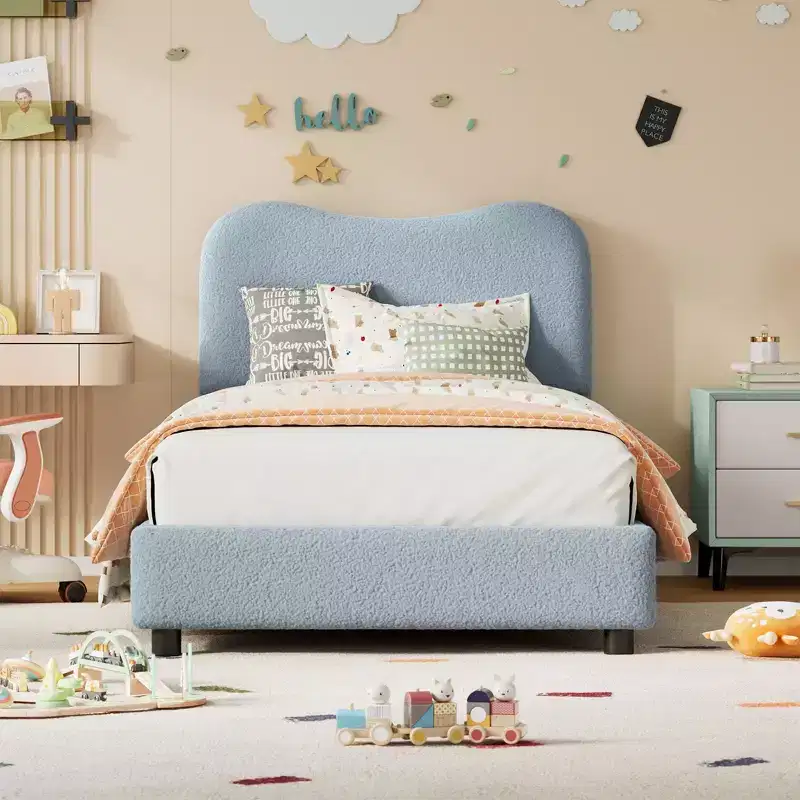 Upholstered Boucle Fabric Bed Frame with Headboard – No Box Spring Needed