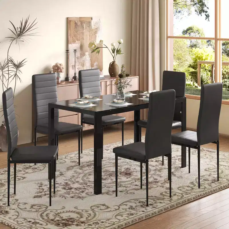EROMMY Ebern Designs 7-piece Glass Top Dining Table Set, Kitchen Table And 6 Luxury Faux Leather Chairs,Black