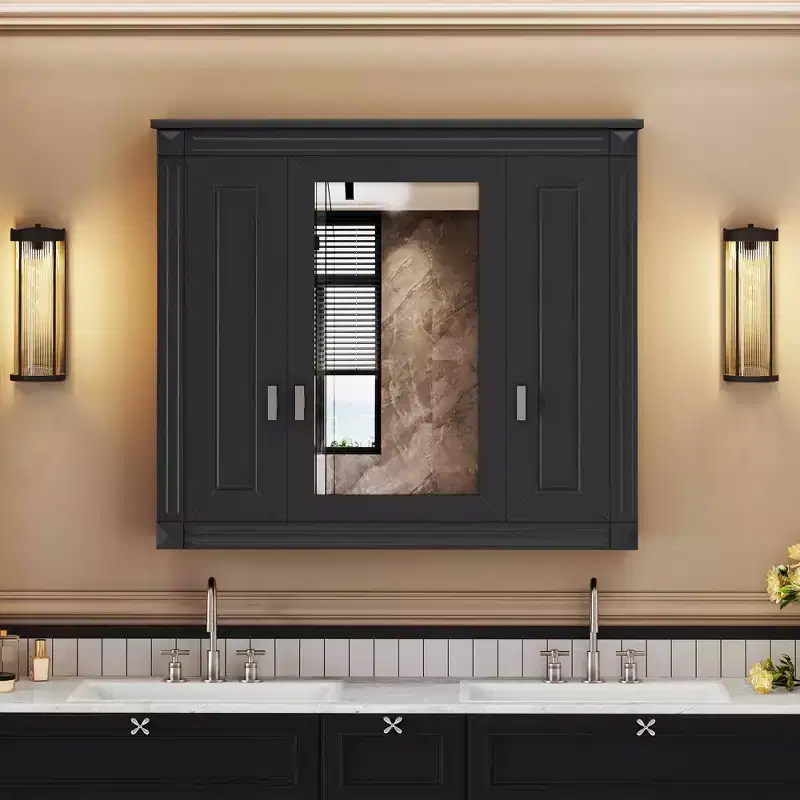 MAYEERTY 35 Wall Mounted Bathroom Medicine Cabinet, Modern Bathroom Wall Cabinet with Mirror Open Shelves for Bathroom Gray