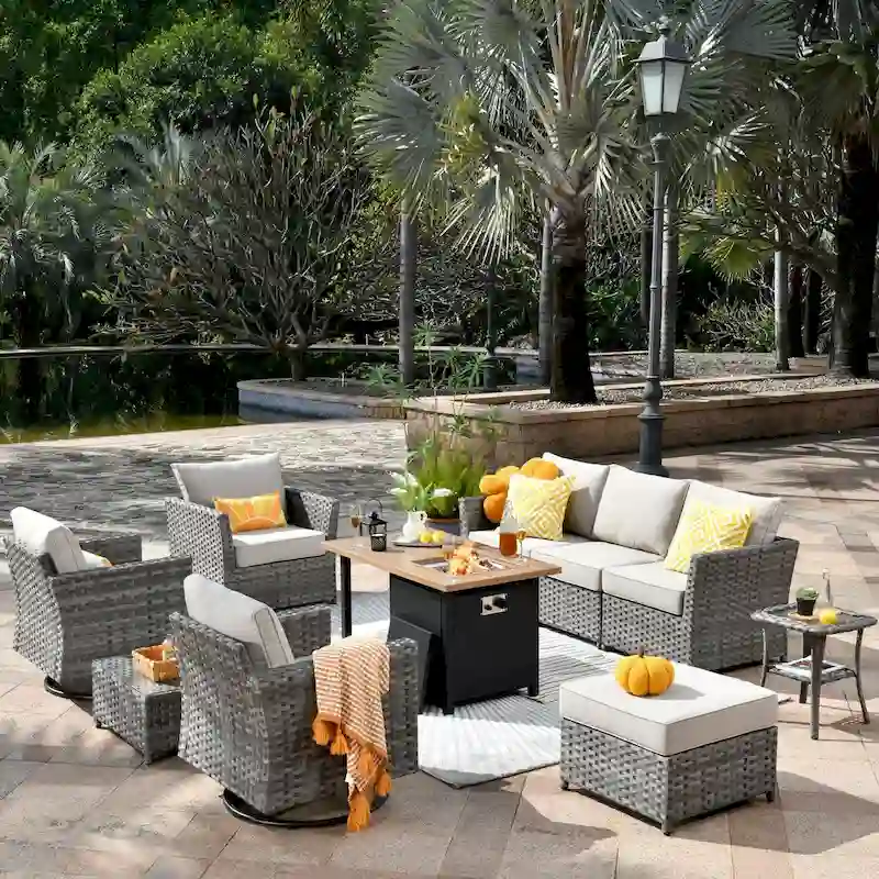 OVIOS 10-Piece Patio Wicker Conversation Rocking Chair Set With Fire Table